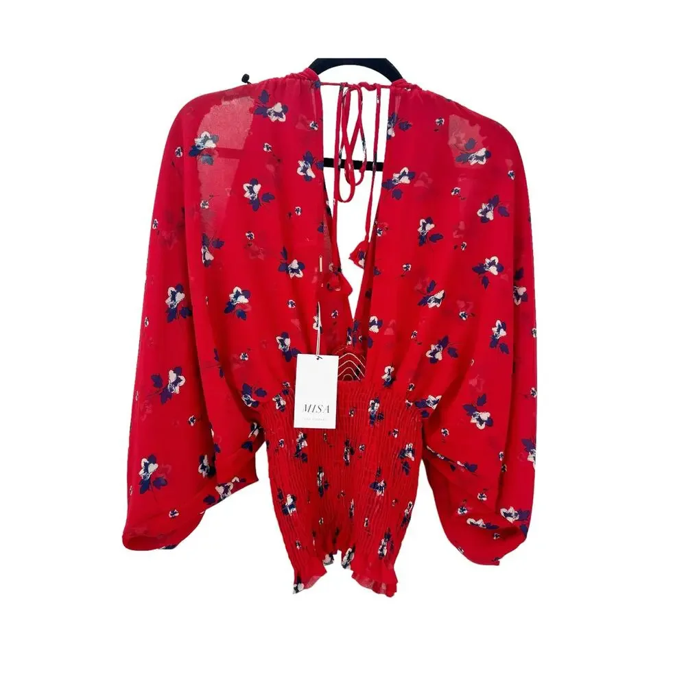 Misa Floral Print Smocked Blouse Long Sleeve Red/Blue Size Medium NWT